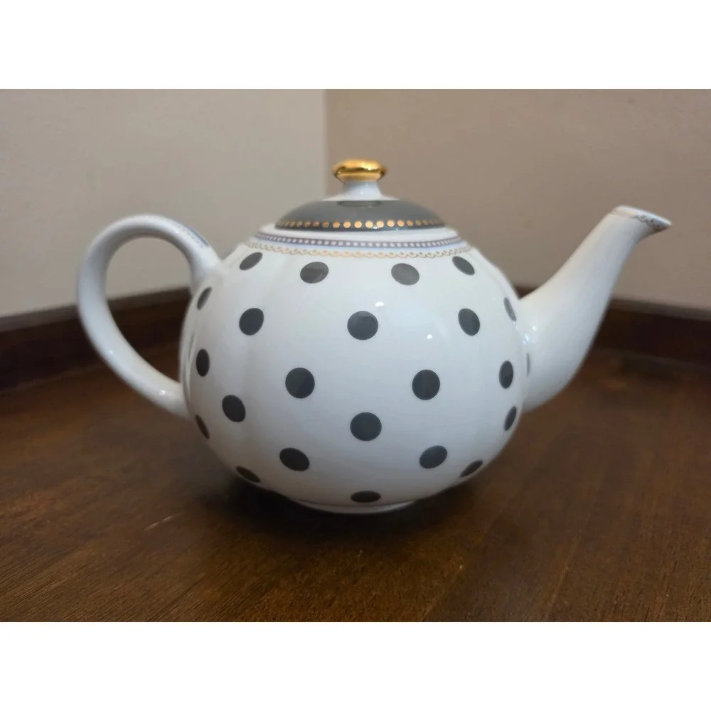 Grace Teaware Fine Porcelain Teapot Polka Dot Blue Tree Toile Gold Trim